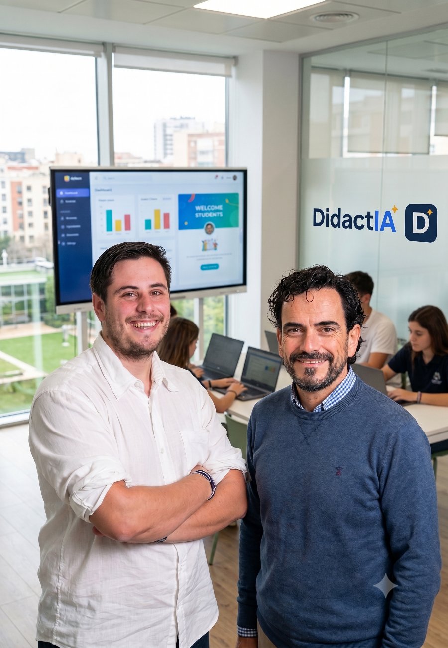 El equipo fundador de DidactIA en un aula, con la plataforma en pantalla y la marca DidactIA en la cristalera