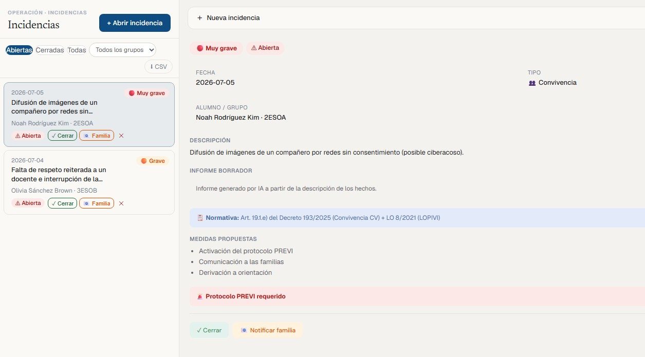 Módulo de incidencias: la IA tipifica el caso y cita el decreto de convivencia vigente y la LOPIVI